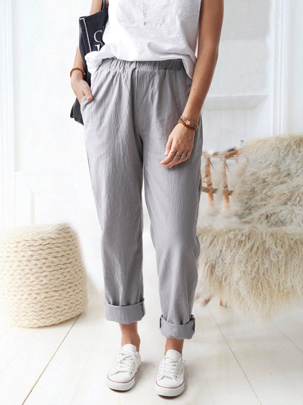 Textured Cotton Trousers | Elastic Waist Pants with Pockets