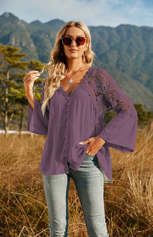 Summer Blouse - Guipure Lace Top with 3/4 Sleeves Blouses