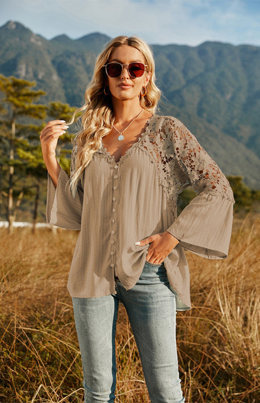 Summer Blouse - Guipure Lace Top with 3/4 Sleeves Blouses