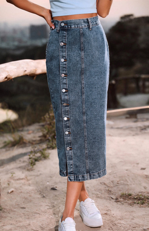 Trendy Denim Button Up Midi Skirt with High Rise & Belt-Loops