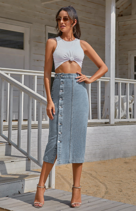 Trendy Denim Button Up Midi Skirt with High Rise & Belt-Loops