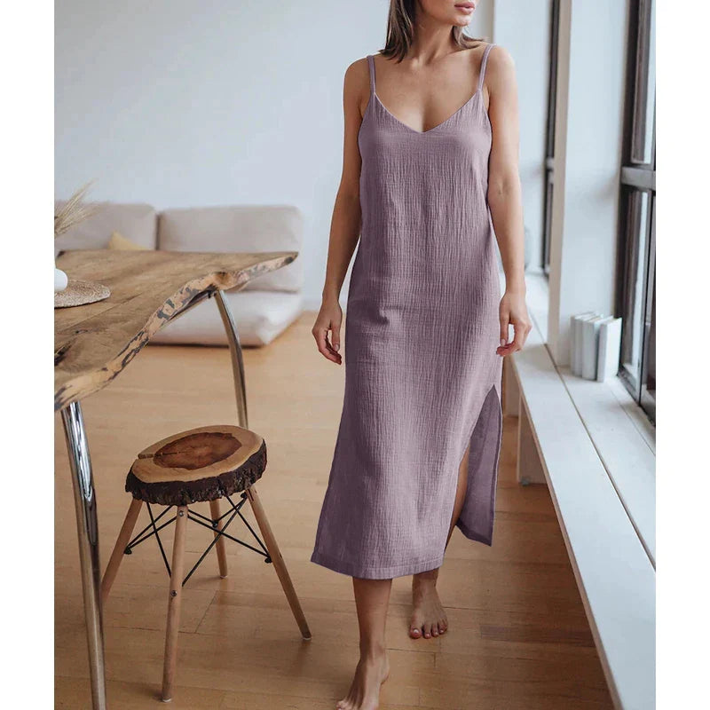 Casual Cotton A-Line Maxi Dress with Slits	