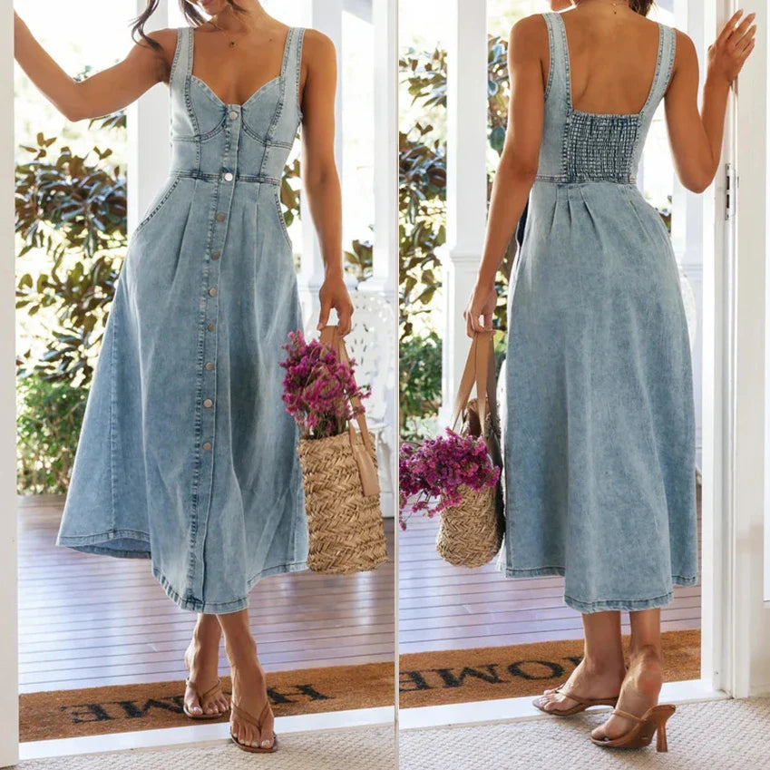 Summer Essentials Sweetheart Midi Dress in Denim Casual Dresses