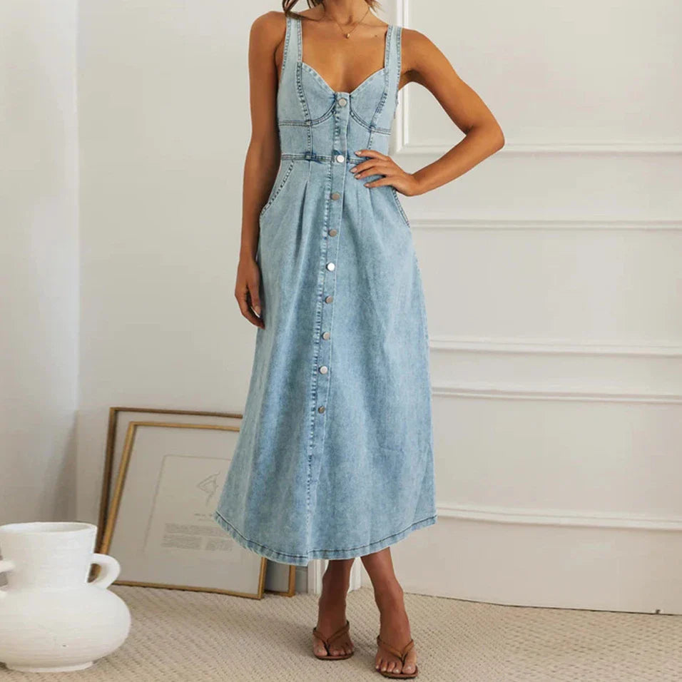 Summer Essentials Sweetheart Midi Dress in Denim Casual Dresses