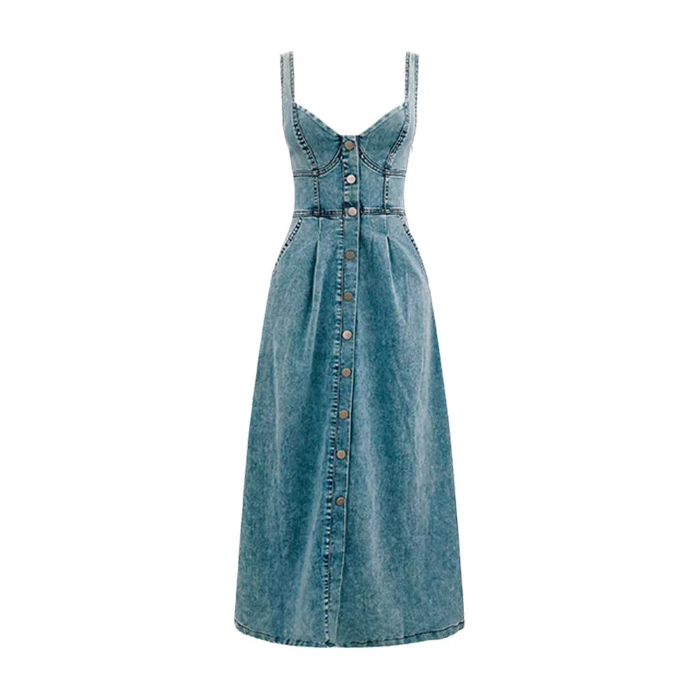 Summer Essentials Sweetheart Midi Dress in Denim Casual Dresses