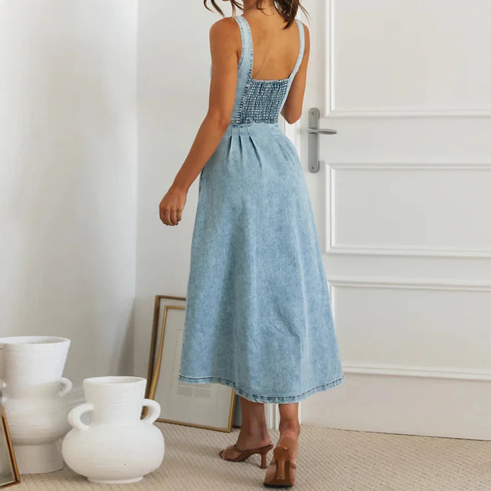 Summer Essentials Sweetheart Midi Dress in Denim Casual Dresses