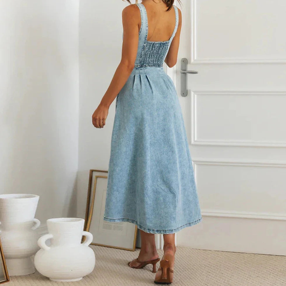 Summer Essentials Sweetheart Midi Dress in Denim Casual Dresses