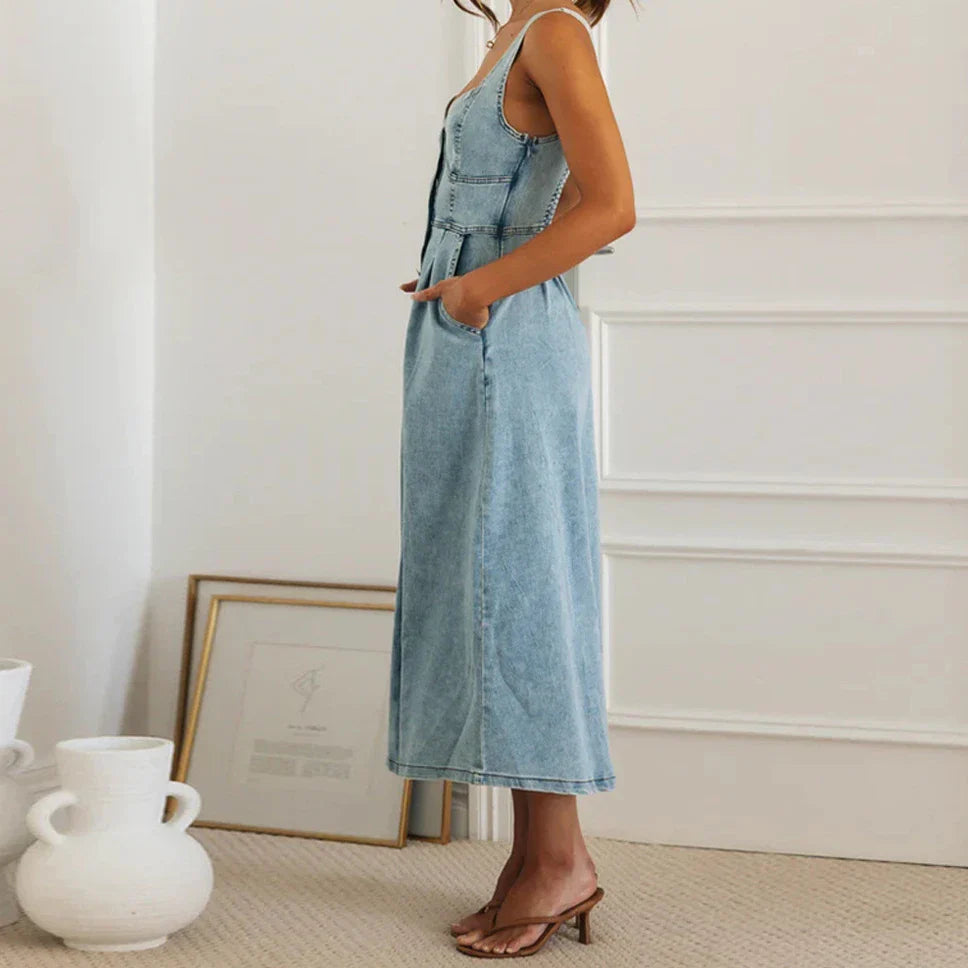 Summer Essentials Sweetheart Midi Dress in Denim Casual Dresses