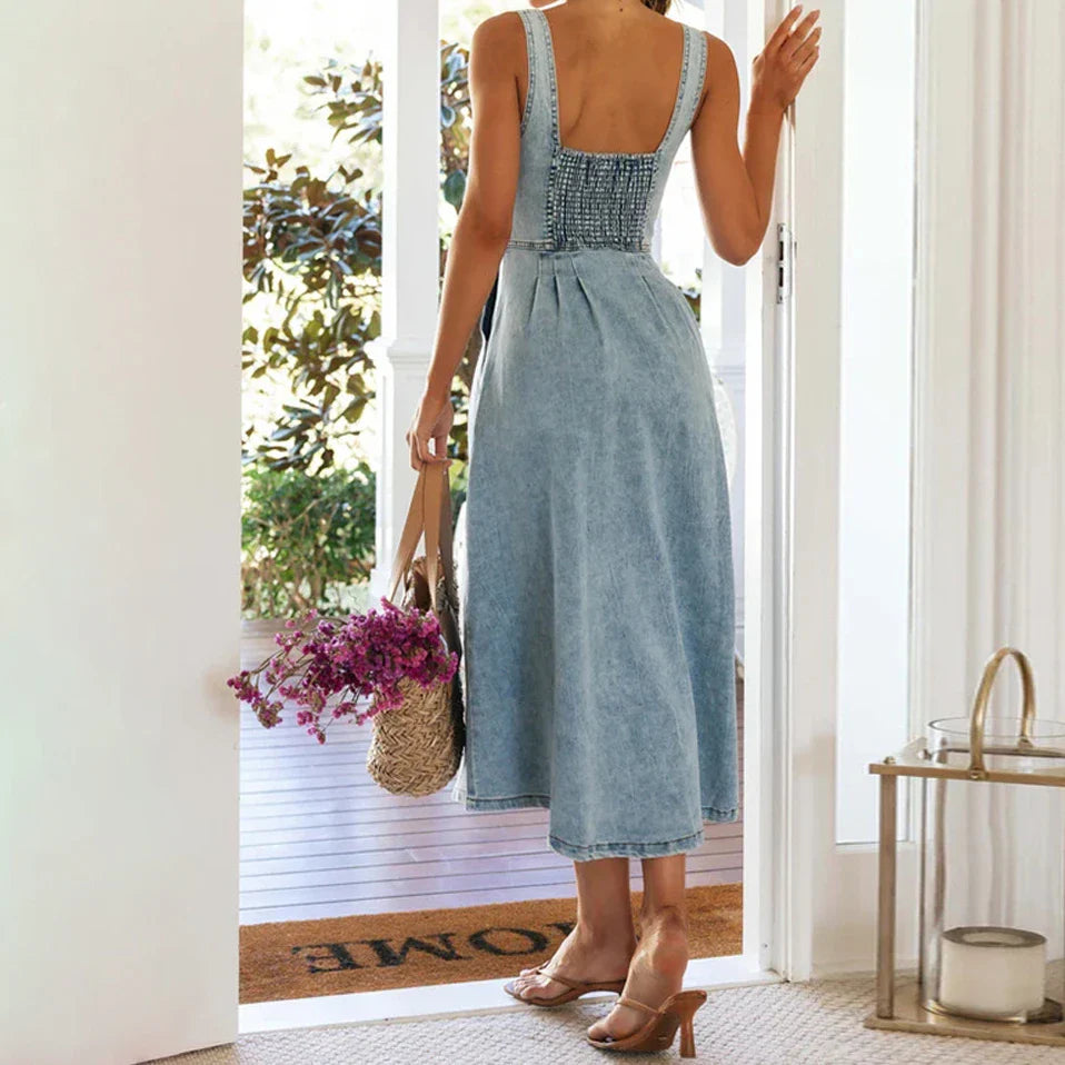 Summer Essentials Sweetheart Midi Dress in Denim Casual Dresses