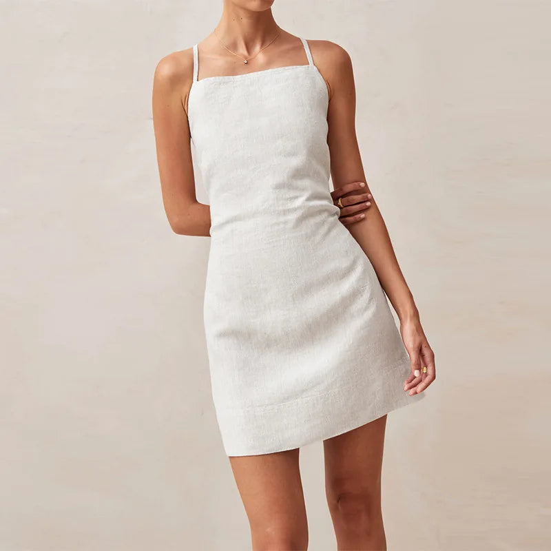 Tailored Backless Cotton-Linen Mini Dress Mini Dresses