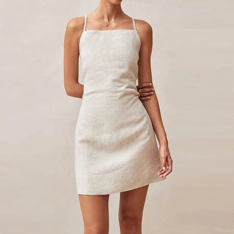 Square Neck Cotton-Linen Mini Dress for Summer Events	