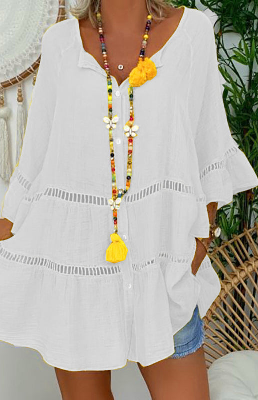 Cotton Boat Neck Top with Flared Sleeves	