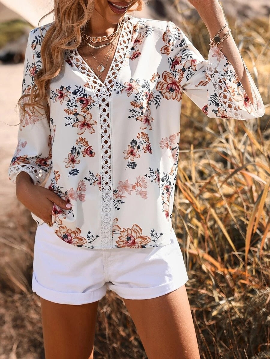 Women's Floral Bell Sleeve Lace V-Neck Blouse Top Blouses