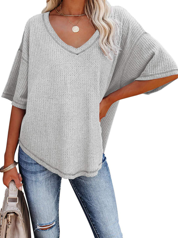 Women's Waffle Knitted T-shirt - Short Sleeve V-neck Cotton Top