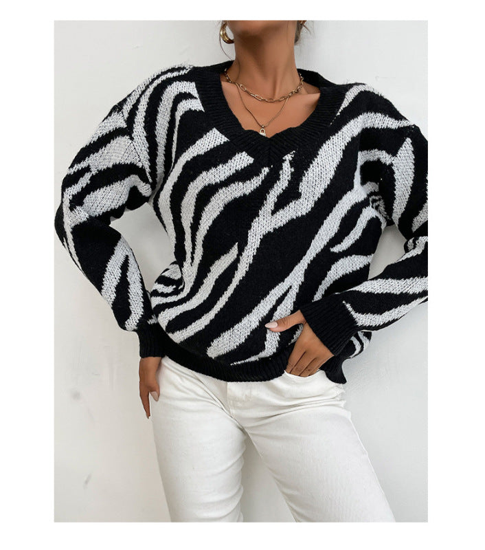 Zebra Print Casual Sweater for Fall & Winter	