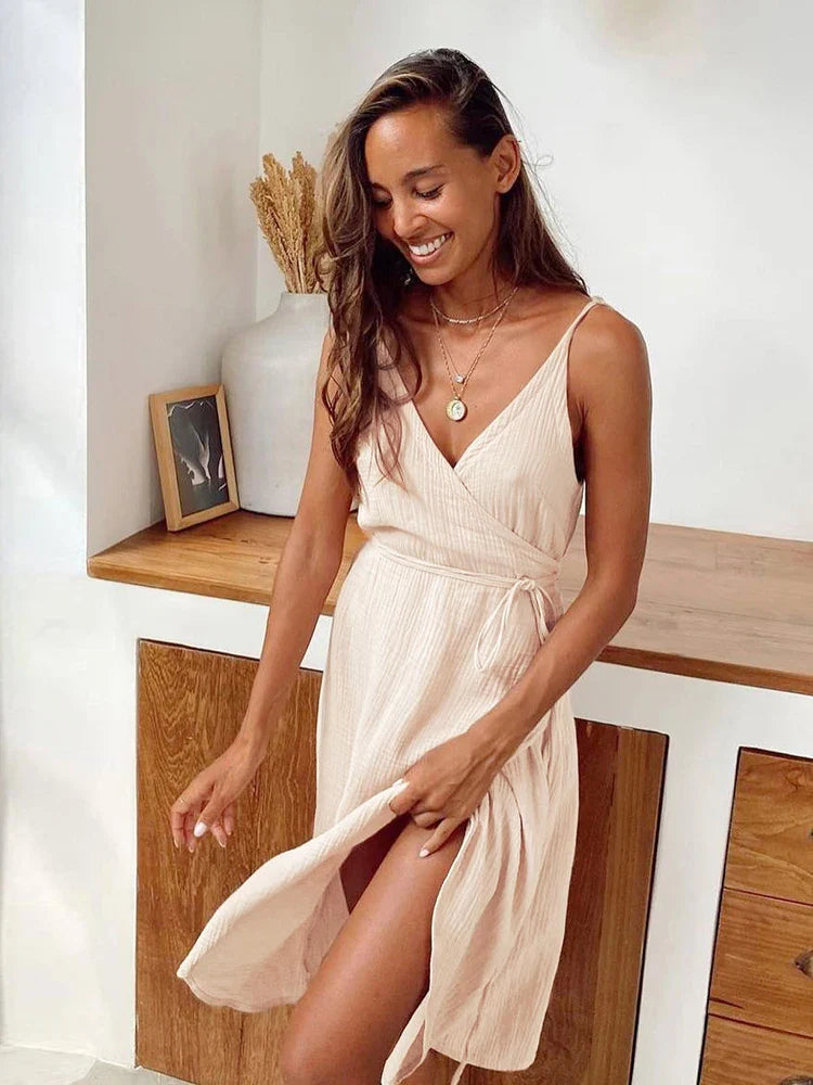 Summer Cotton Wrap Dress - Sleeveless & V-Neck Style	 | Wrap Dresses