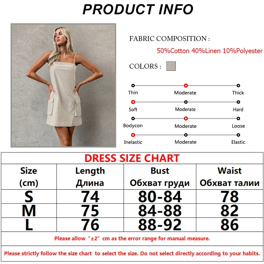 Women's Cotton Linen Cami Dress with Utility Pockets Mini Dresses