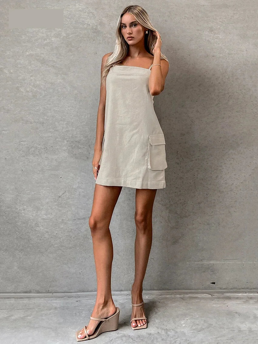 Women's Cotton Linen Cami Dress with Utility Pockets Mini Dresses