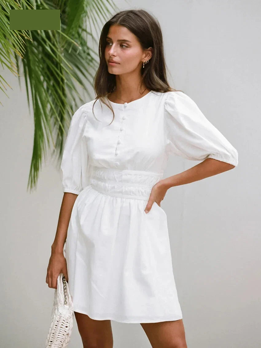 High-Waisted Puff Sleeve Cotton Summer Dress	