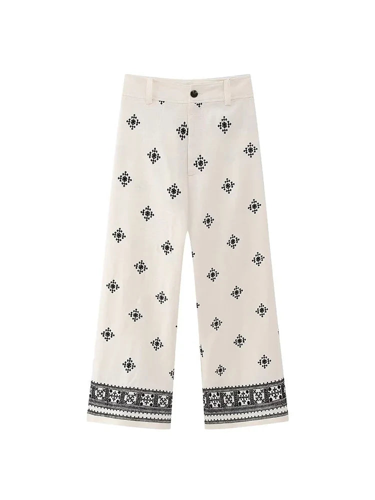 Women's Floral Embroidered Linen Pants Summer Pants