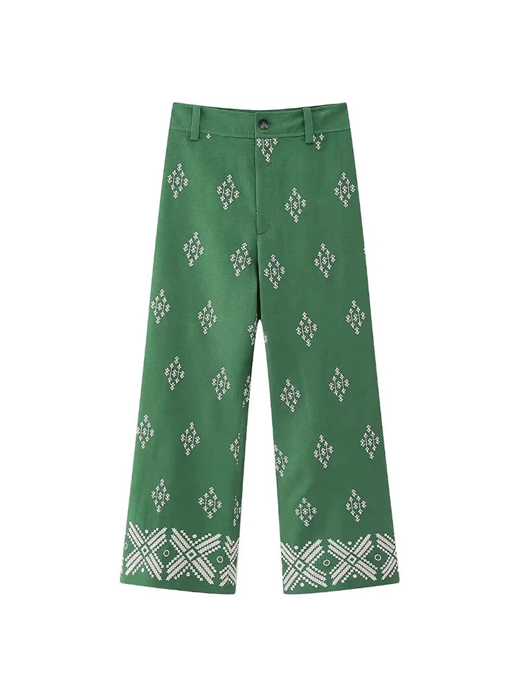 Women's Floral Embroidered Linen Pants Summer Pants