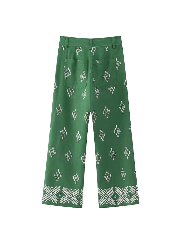 Women's Floral Embroidered Linen Pants Summer Pants