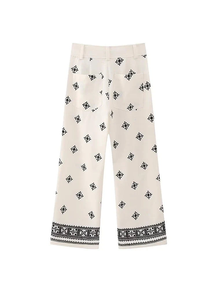 Women's Floral Embroidered Linen Pants Summer Pants