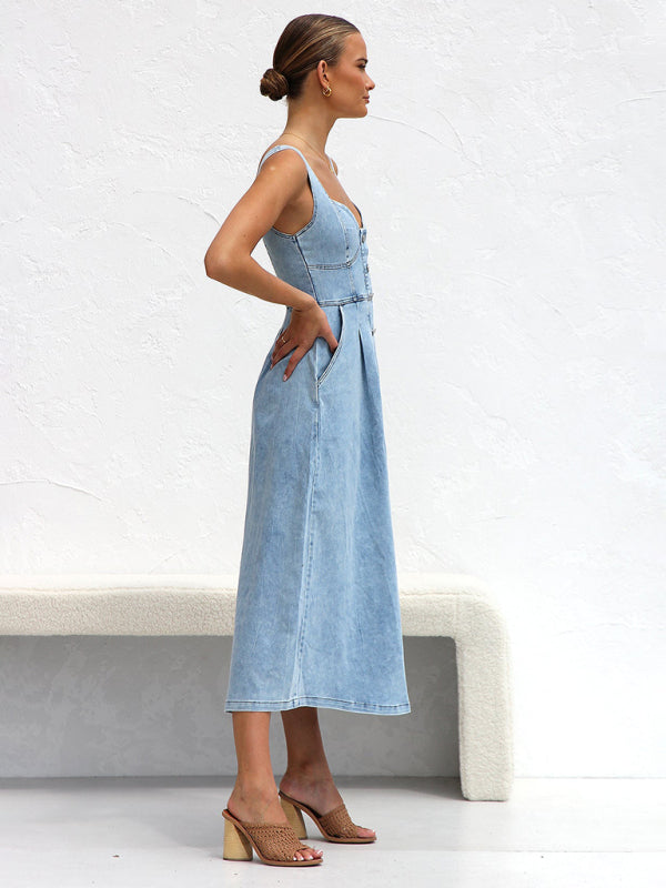 Women’s A-Line Denim Midi Dress with Sweetheart Neckline Denim