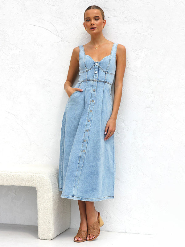 Women’s A-Line Denim Midi Dress with Sweetheart Neckline Denim