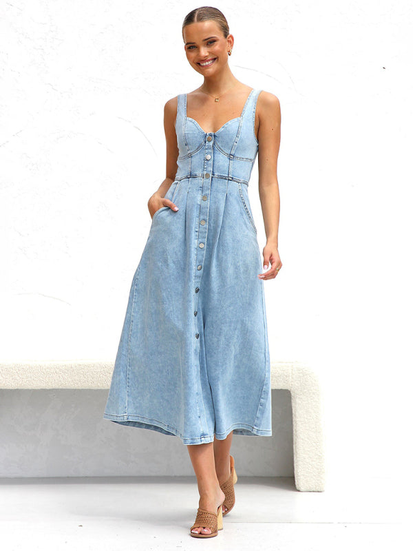 Women’s A-Line Denim Midi Dress with Sweetheart Neckline Denim