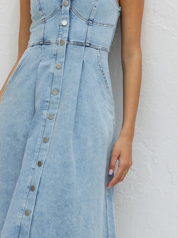 Women’s A-Line Denim Midi Dress with Sweetheart Neckline Denim