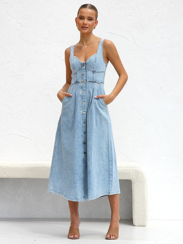 Women’s A-Line Denim Midi Dress with Sweetheart Neckline Denim