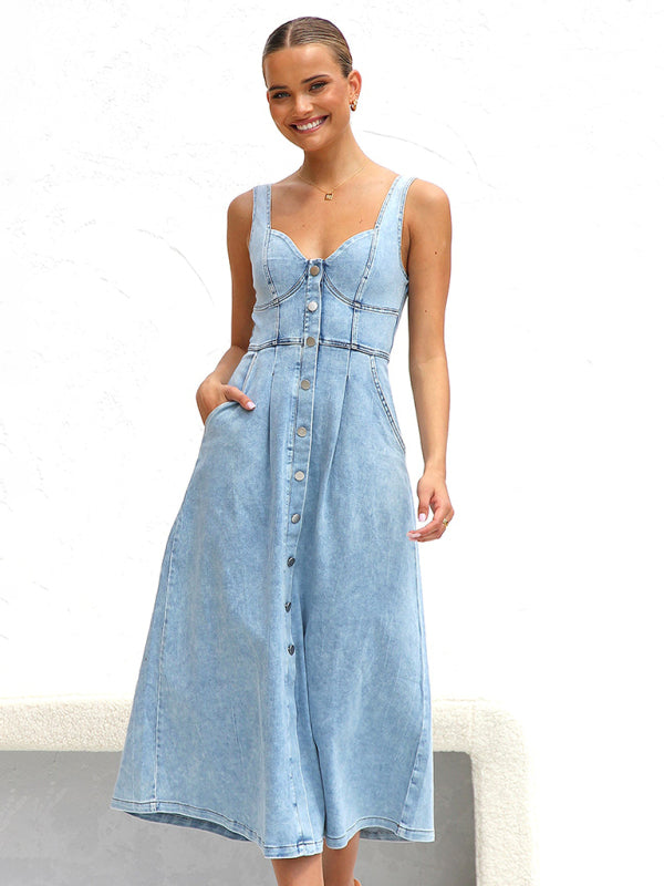 A-Line Denim Midi Dress with Sweetheart Neckline 	