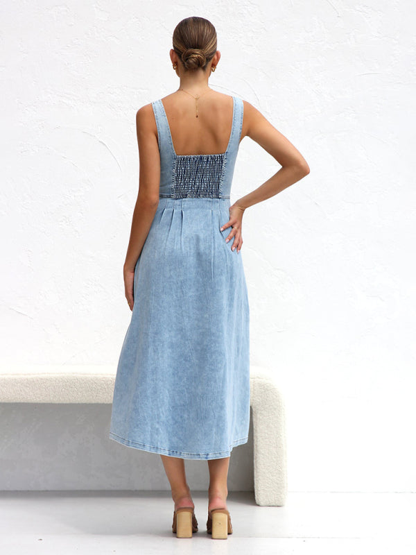 Women’s A-Line Denim Midi Dress with Sweetheart Neckline Denim