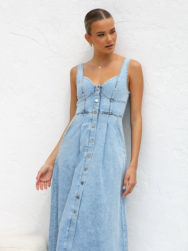 Women’s A-Line Denim Midi Dress with Sweetheart Neckline Denim