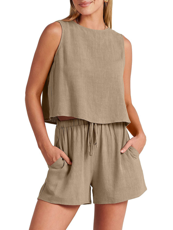 Cotton-Linen 2-Piece Set for Women - Tank Top and Shorts Casual