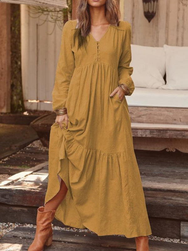 Cotton Tunic Ruffle Long Sleeve Maxi Dress Maxi Dresses