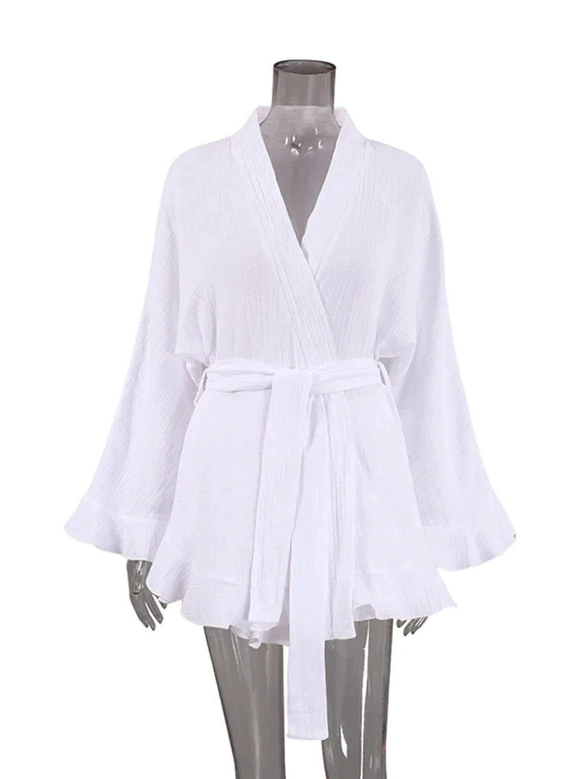 Crinkled Cotton 2-piece Shorts Set with Robe Dress Shorts Sets