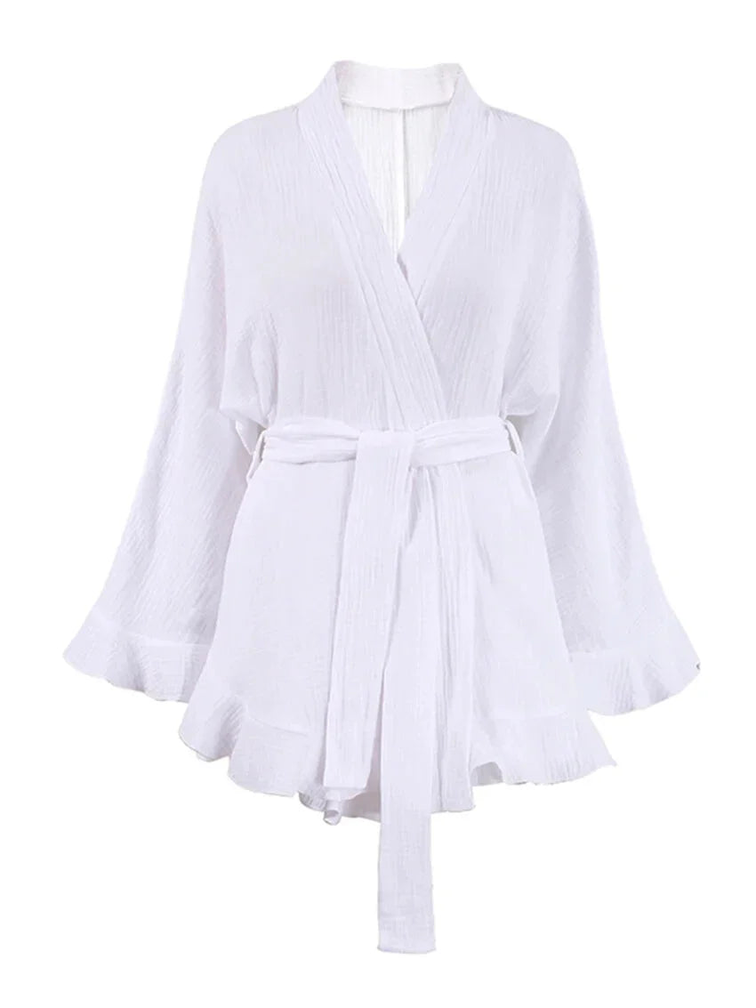 Crinkled Cotton 2-piece Shorts Set with Robe Dress Shorts Sets