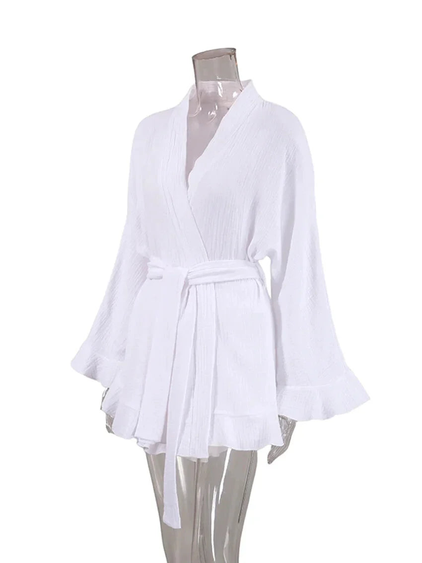 Crinkled Cotton 2-piece Shorts Set with Robe Dress Shorts Sets