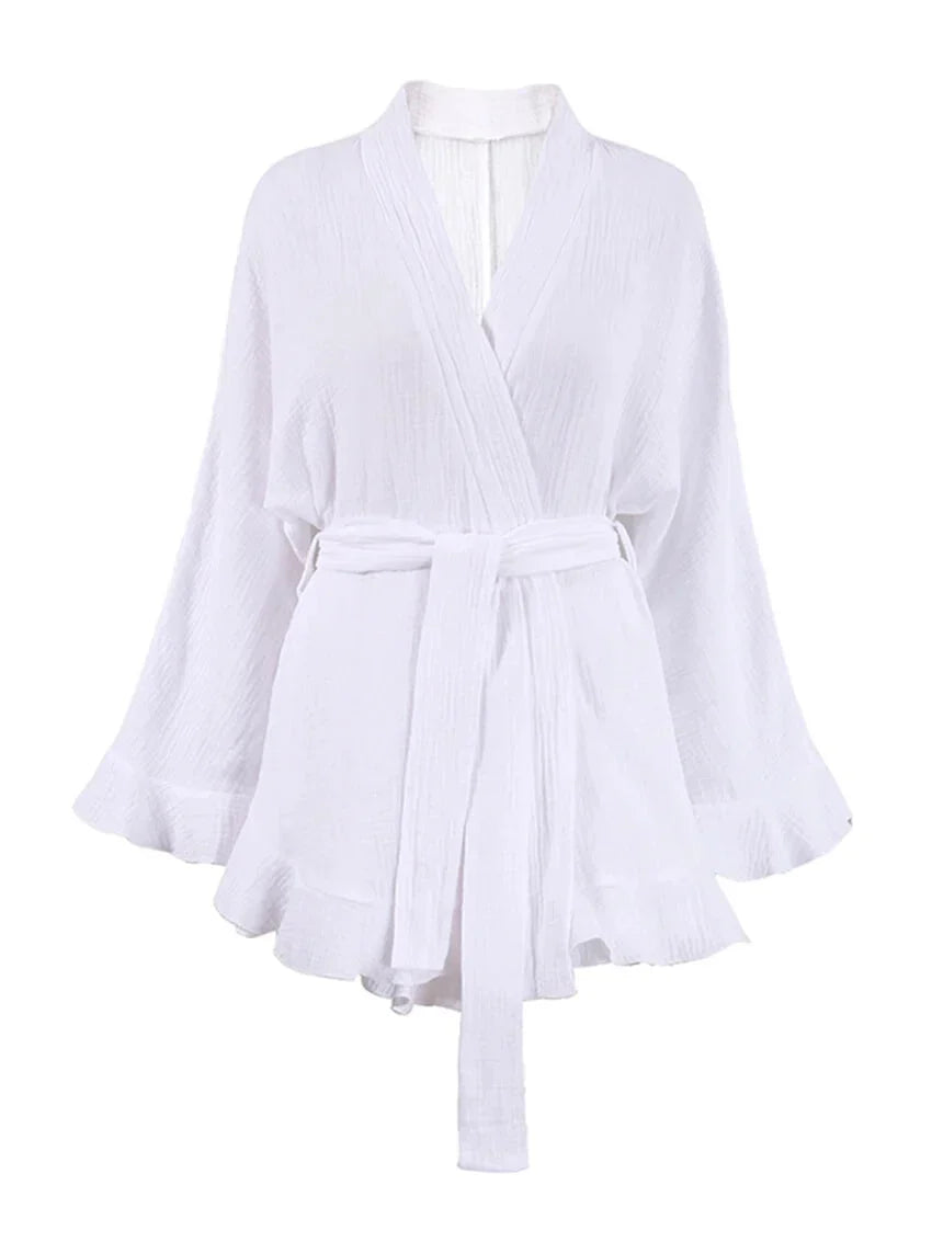 Crinkled Cotton 2-piece Shorts Set with Robe Dress Shorts Sets