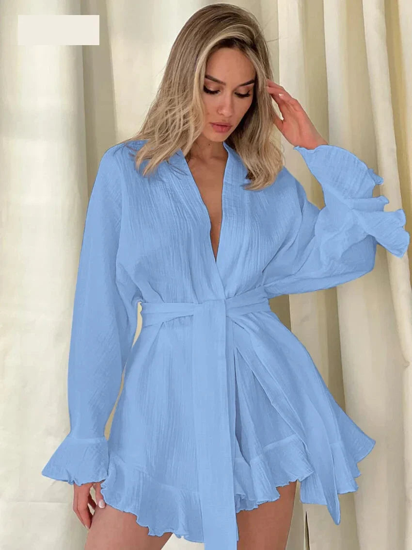 Crinkled Cotton 2-piece Shorts Set with Robe Dress Shorts Sets