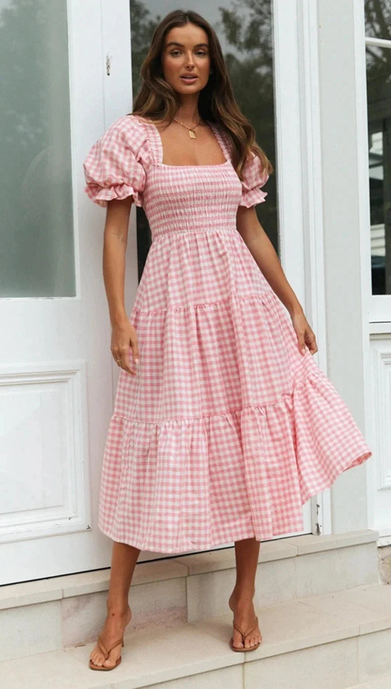 Casual Gingham Midi Dress with Puff Sleeves & Smocked Fit