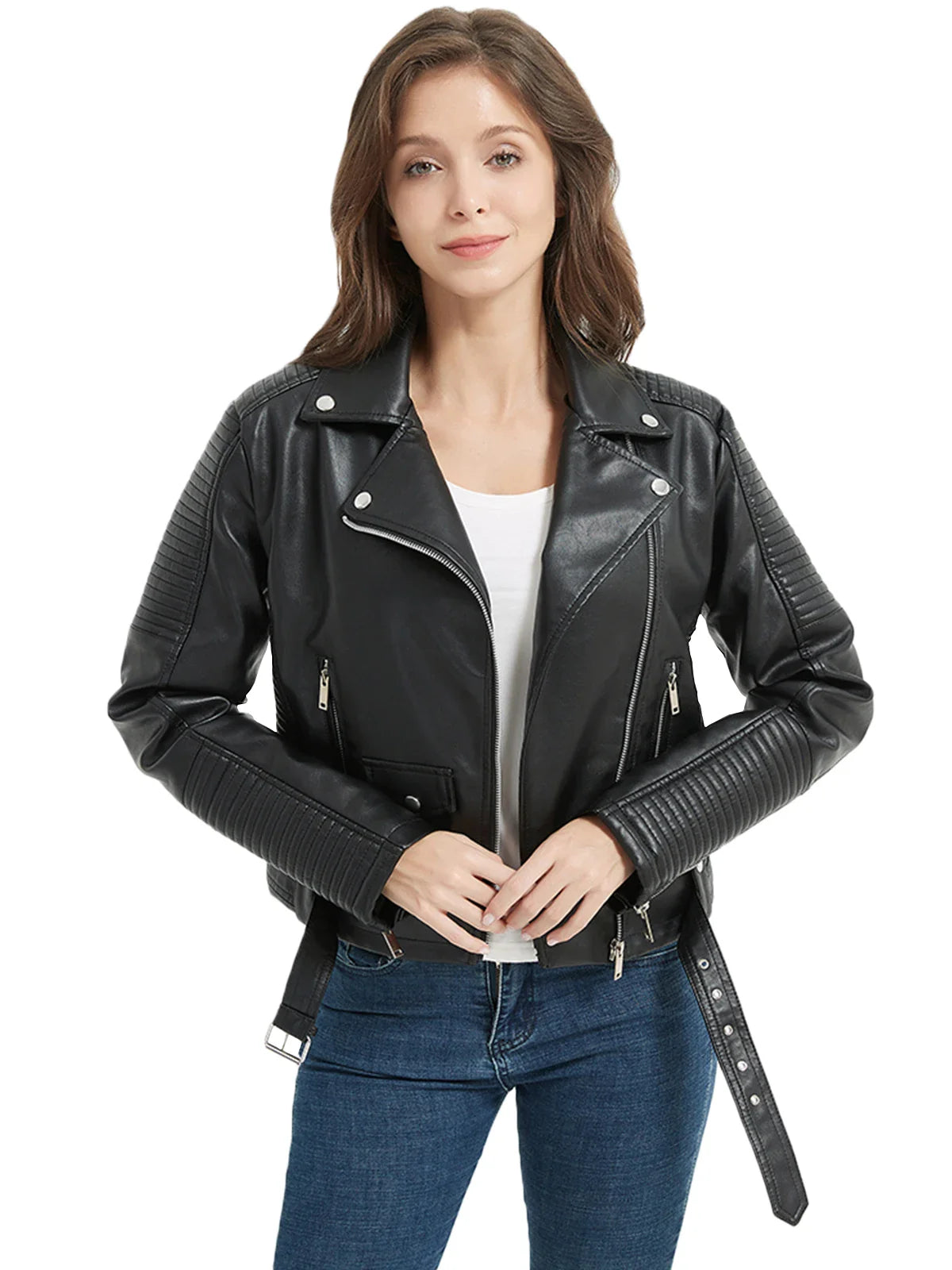 Women Faux Leather Belted Moto Biker Jacket Biker Jackets