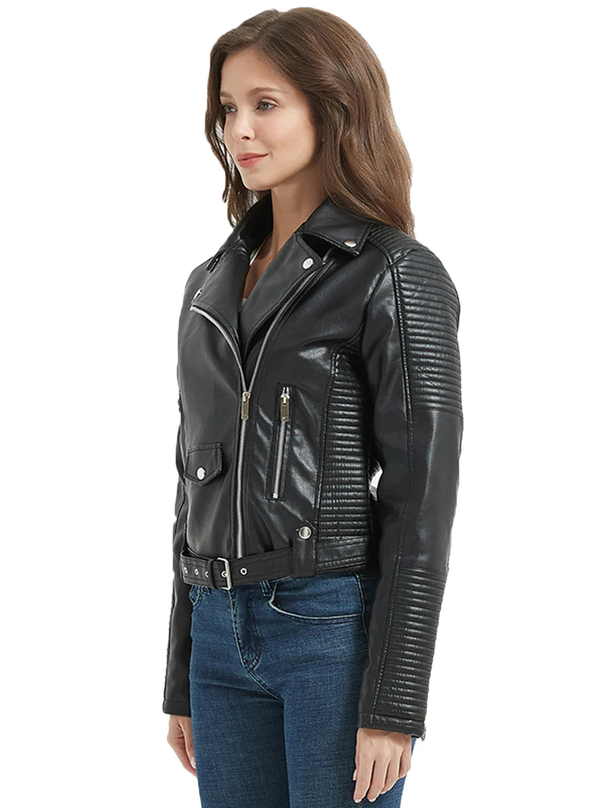 Women Faux Leather Belted Moto Biker Jacket Biker Jackets