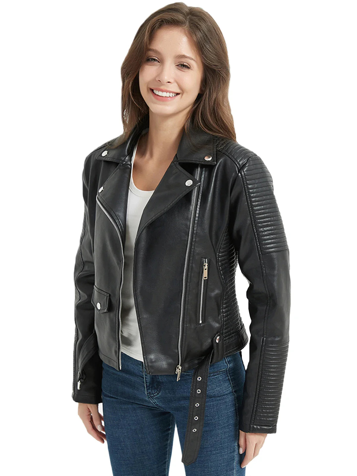 Women Faux Leather Belted Moto Biker Jacket Biker Jackets