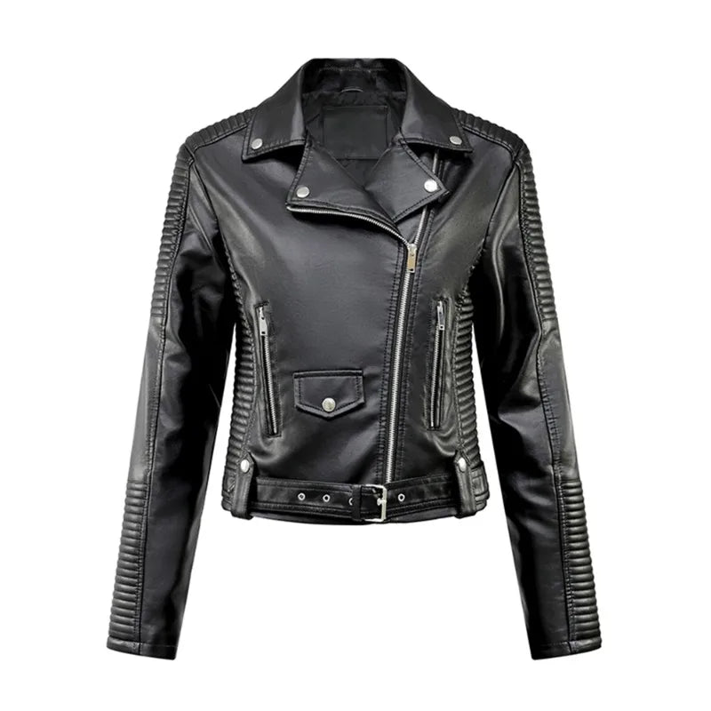 Women Faux Leather Belted Moto Biker Jacket Biker Jackets