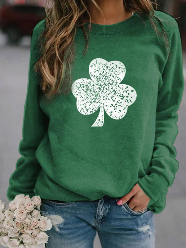 Festive Clover Print Long Sleeve Sweatshirt for Women