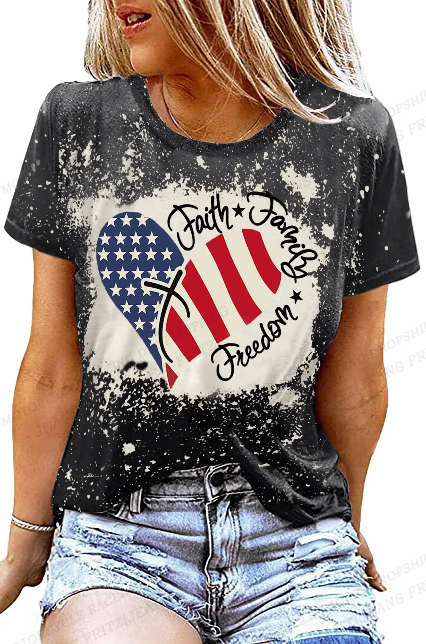 Women's Casual American Flag Print T-Shirt for Independence Day | Tees