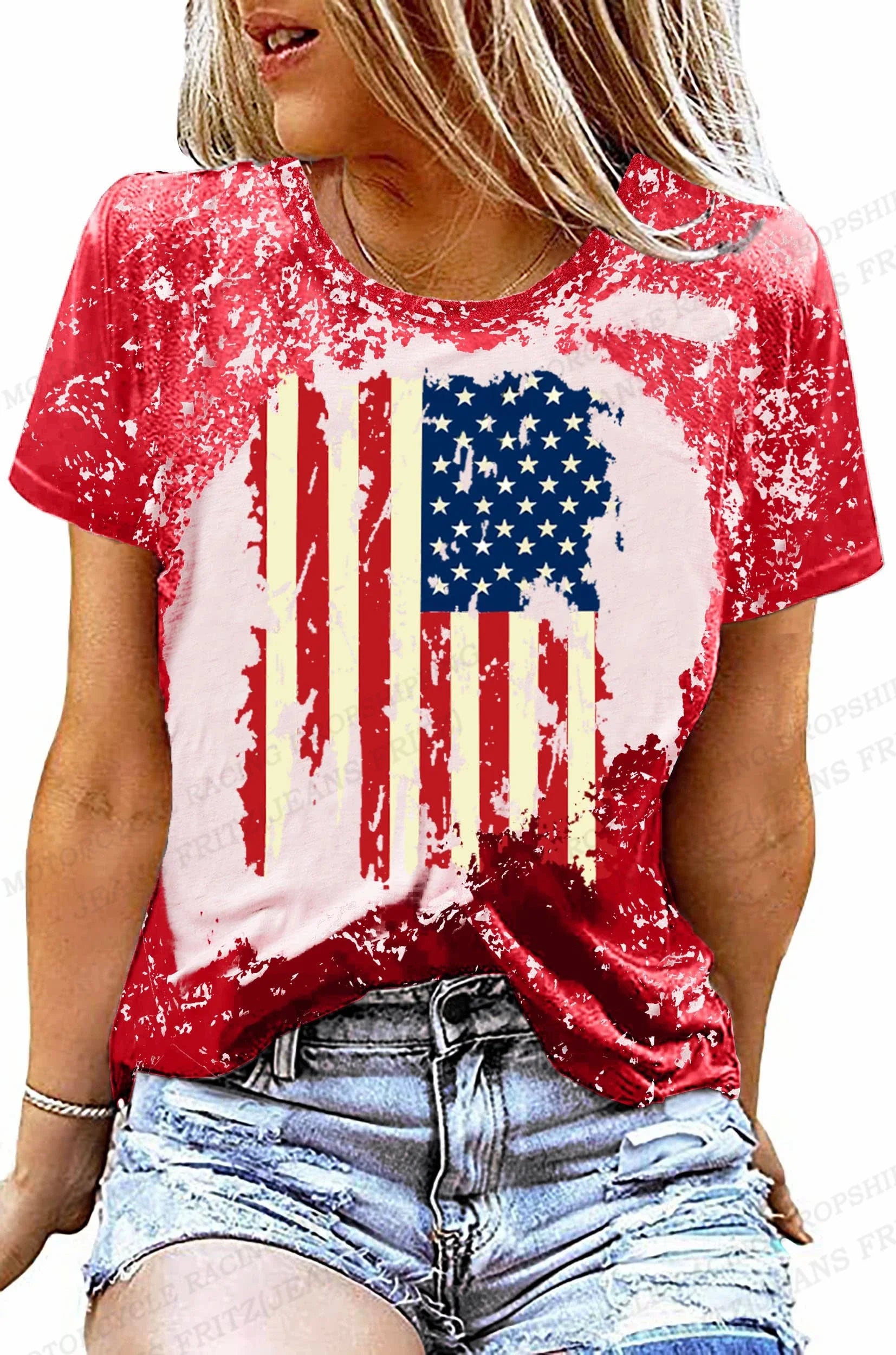 Women's Casual American Flag Print T-Shirt for Independence Day | Tees